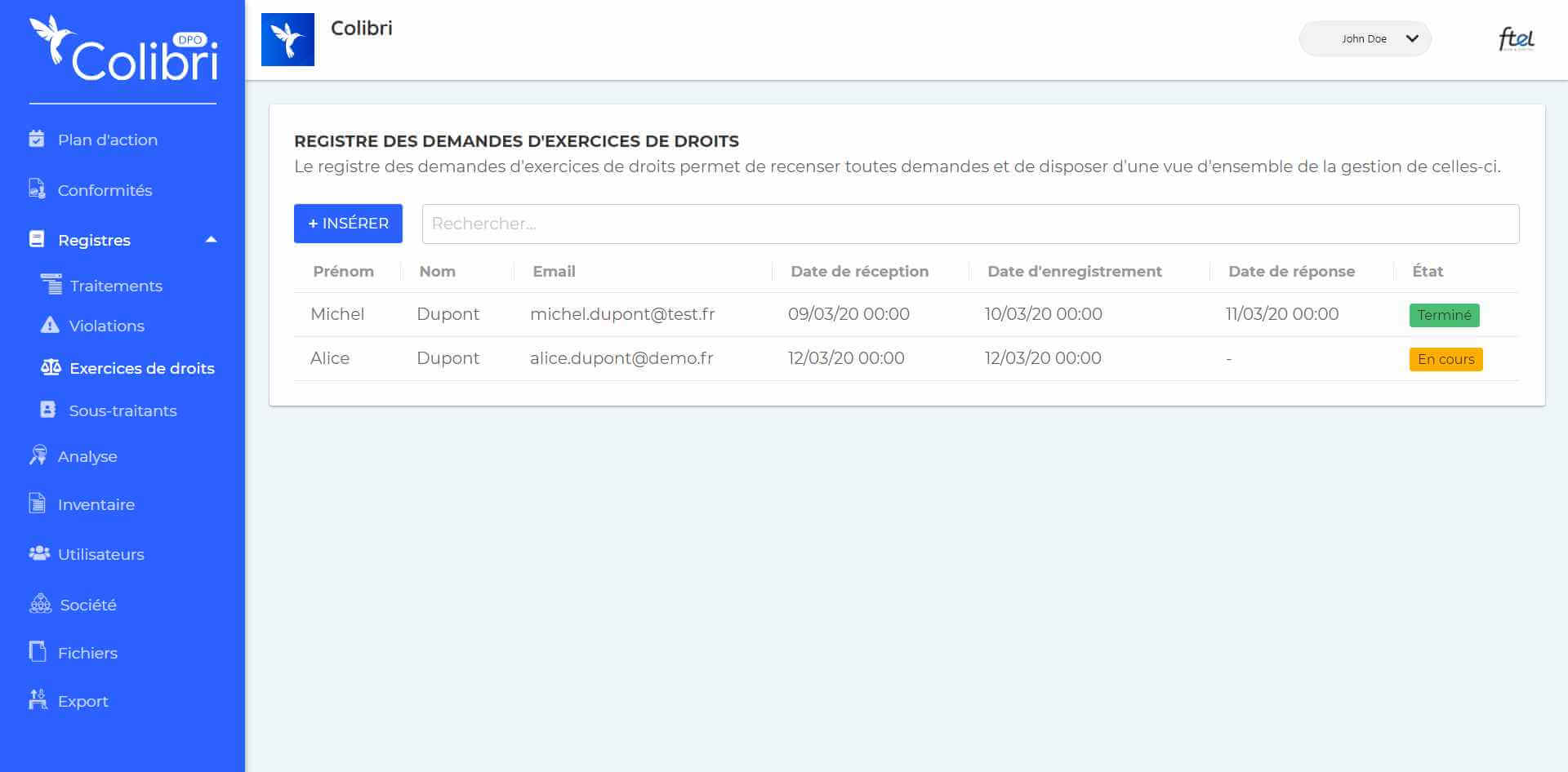 Registre des demandes d'exercice de droit